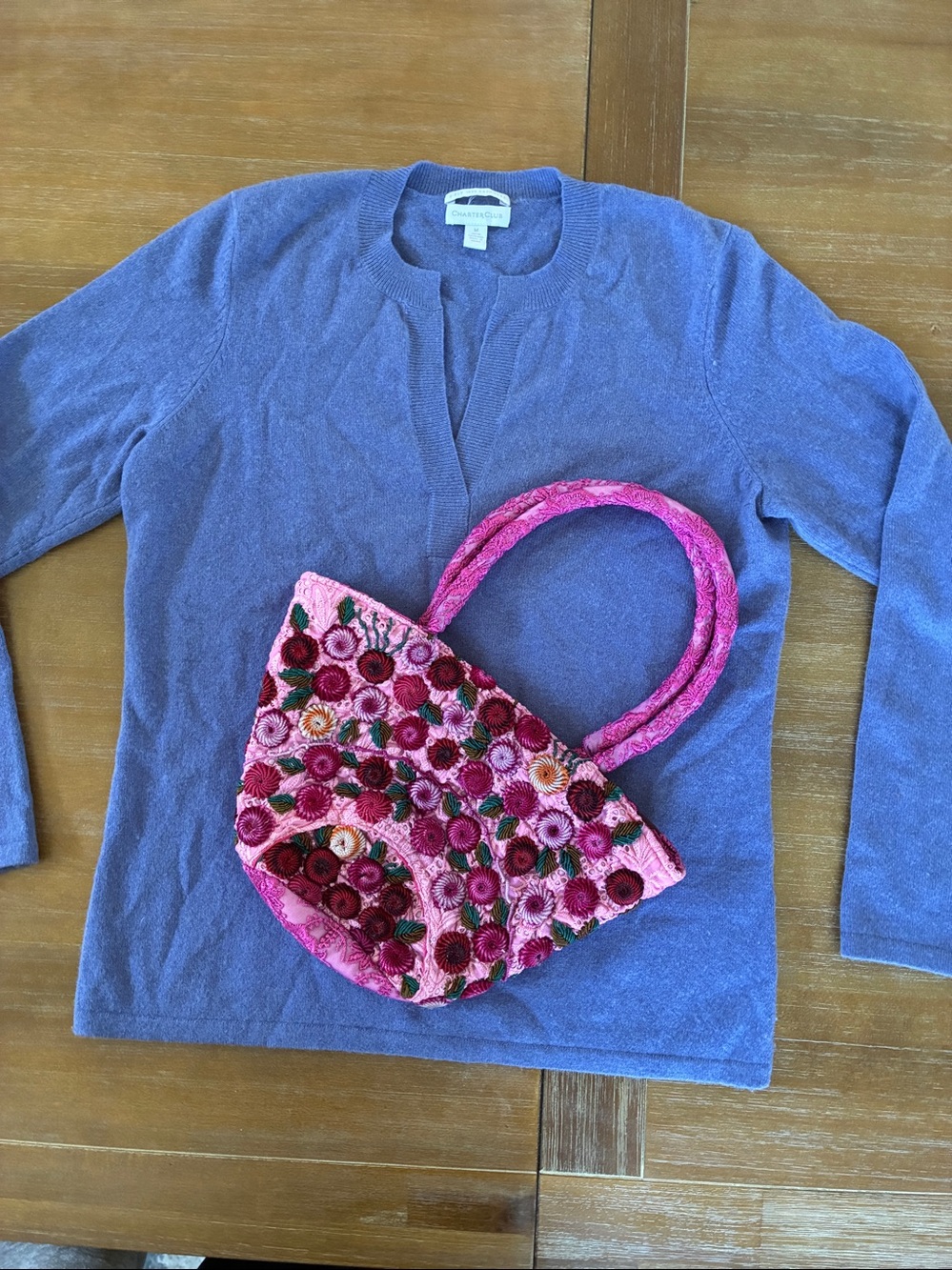 Hand-Embroidered Pink Floral Tote Bag with Padded Handles